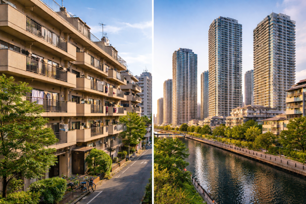 Comparison of older and modern apartment buildings in Tokyo