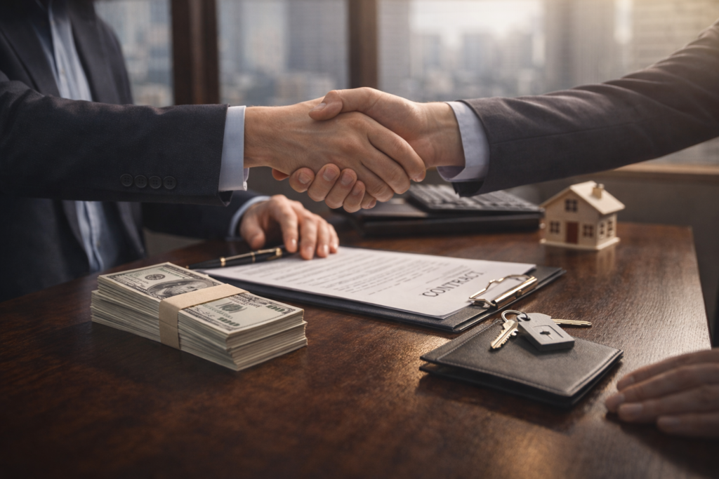 Cash property purchase concept in Japan with handshake and contract