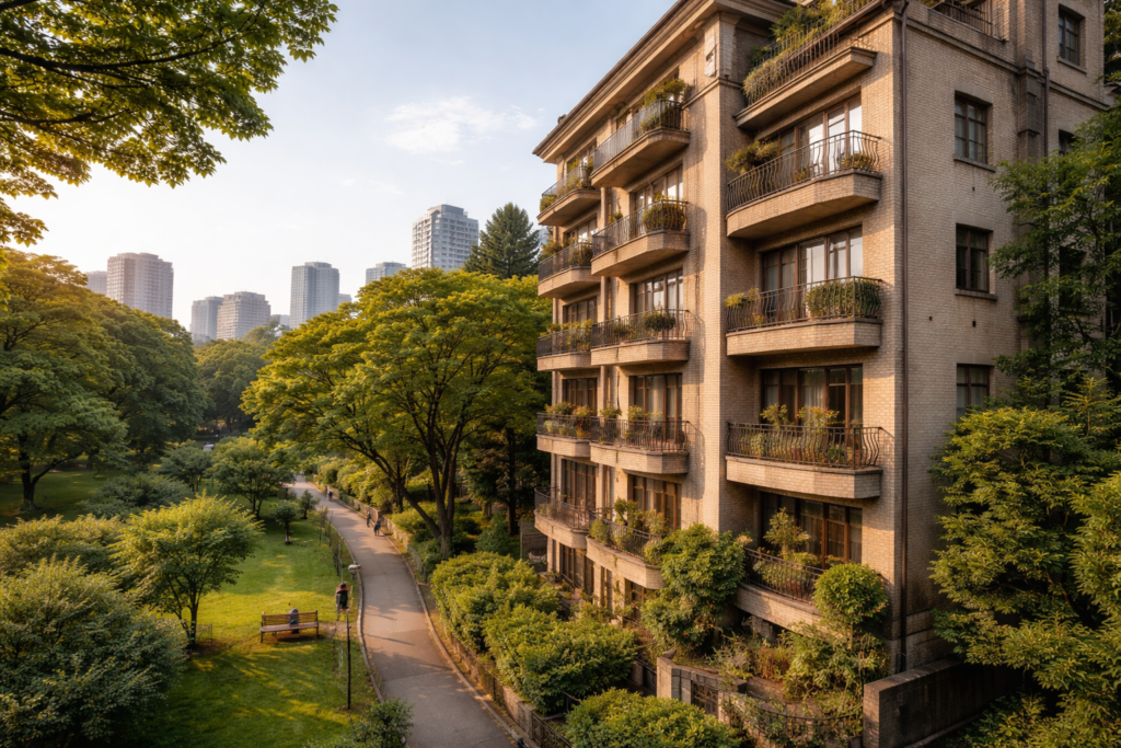 Vintage apartment building in Tokyo next to a park with greenery